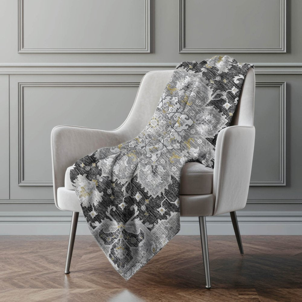 50" X 70" Charcoal Gold And Gray Floral Polyester Woven Plush Throw Blanket