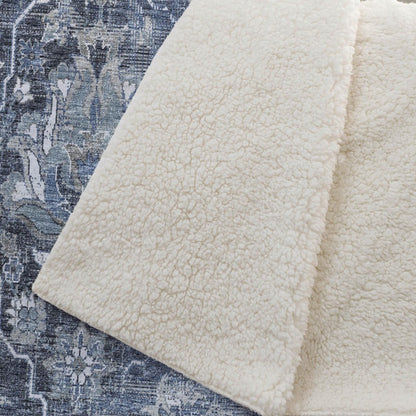 50" X 70" Blue Gray And Ivory Floral Polyester Woven Plush Throw Blanket