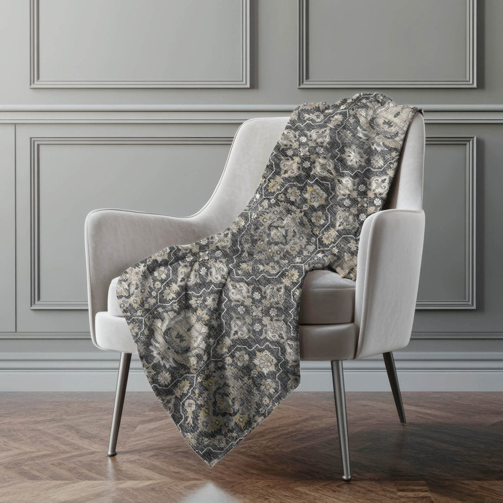 50" X 70" Charcoal Ivory And Coffee Floral Polyester Woven Plush Throw Blanket