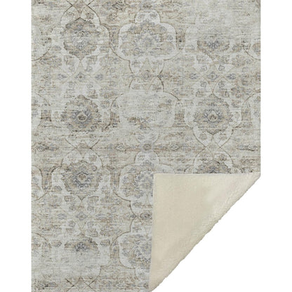 50" X 70" Linen Coffee And Ivory Damask Microfiber Plush Throw Blanket