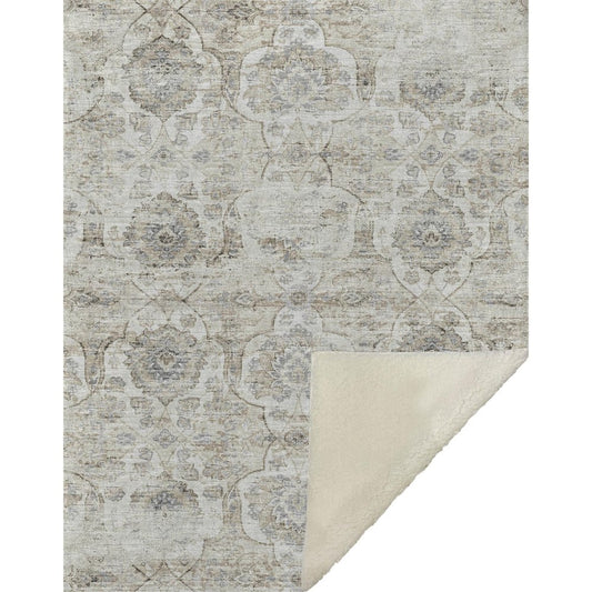 50" X 70" Linen Coffee And Ivory Damask Microfiber Plush Throw Blanket