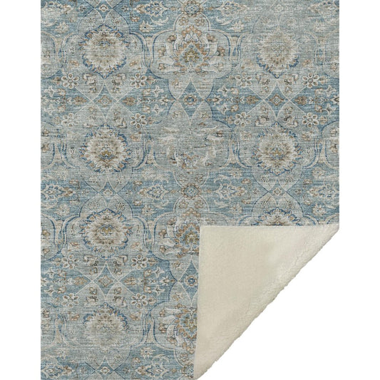 50" X 70" Ivory Coffee And Teal Damask Microfiber Plush Throw Blanket