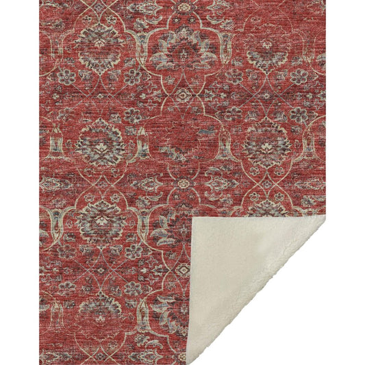 50" X 70" Red Pewter And Beige Damask Microfiber Plush Throw Blanket