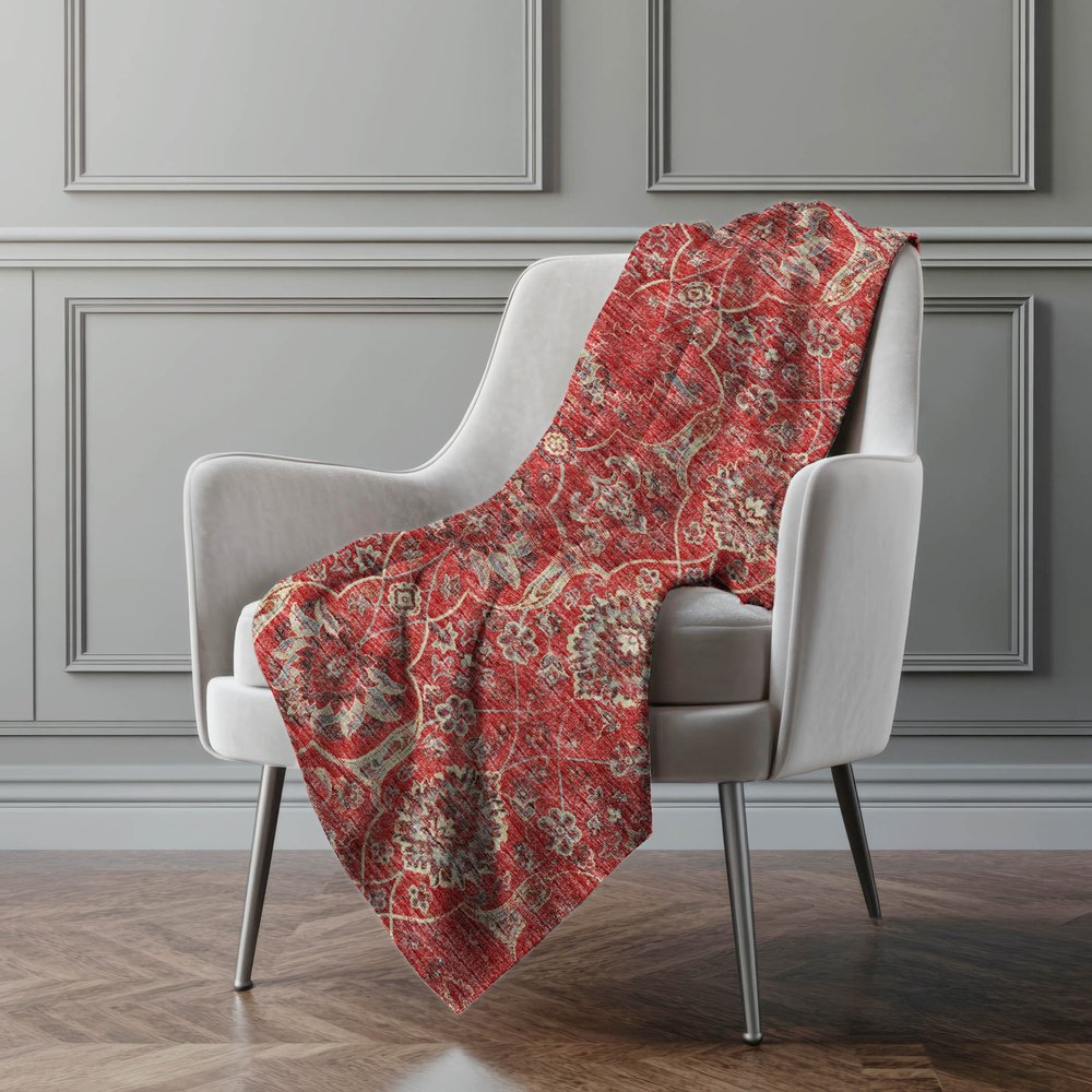 50" X 70" Red Pewter And Beige Damask Polyester Woven Plush Throw Blanket