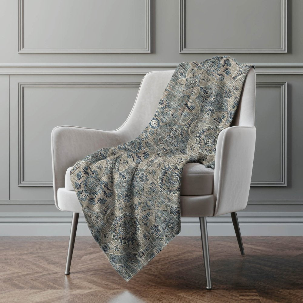 50" X 70" Blue And Pewter Damask Polyester Woven Plush Throw Blanket