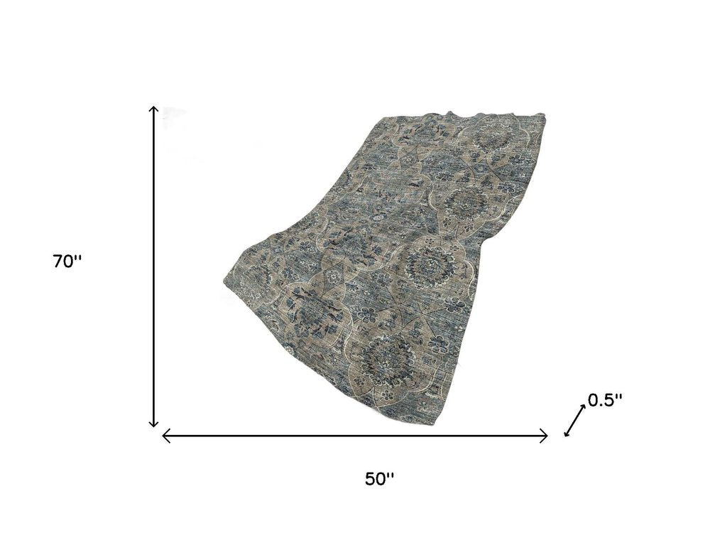 50" X 70" Blue And Pewter Damask Polyester Woven Plush Throw Blanket