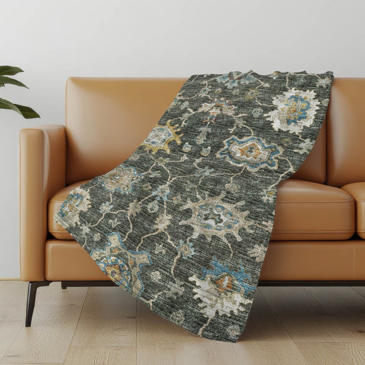50" X 70" Beige Blue And Gold Floral Polyester Woven Plush Throw Blanket