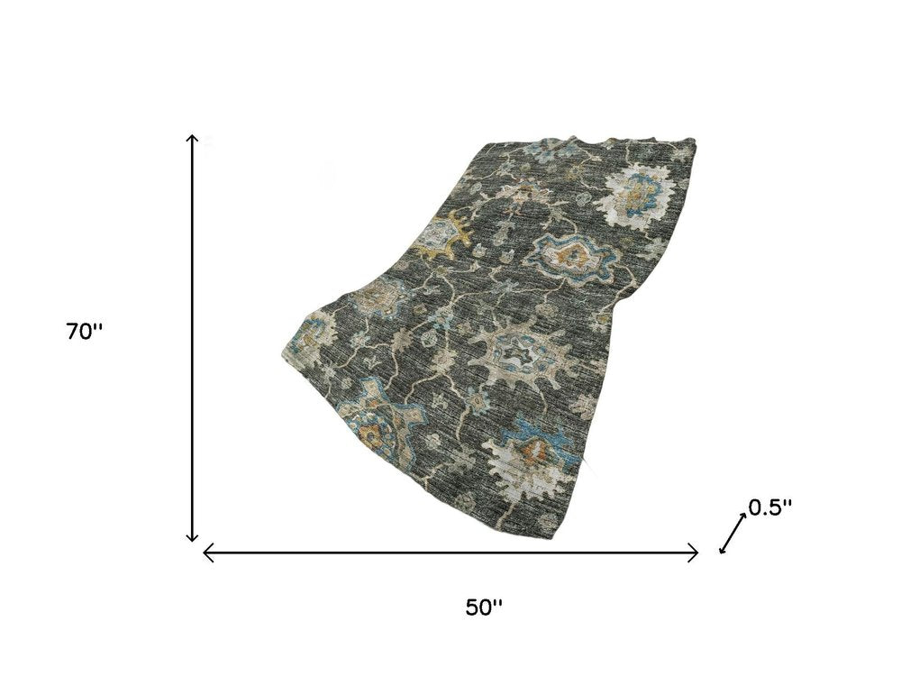 50" X 70" Beige Blue And Gold Floral Polyester Woven Plush Throw Blanket