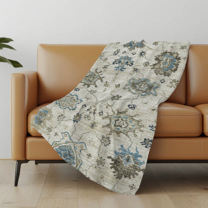 50" X 70" Blue Charcoal And Ivory Floral Polyester Woven Plush Throw Blanket