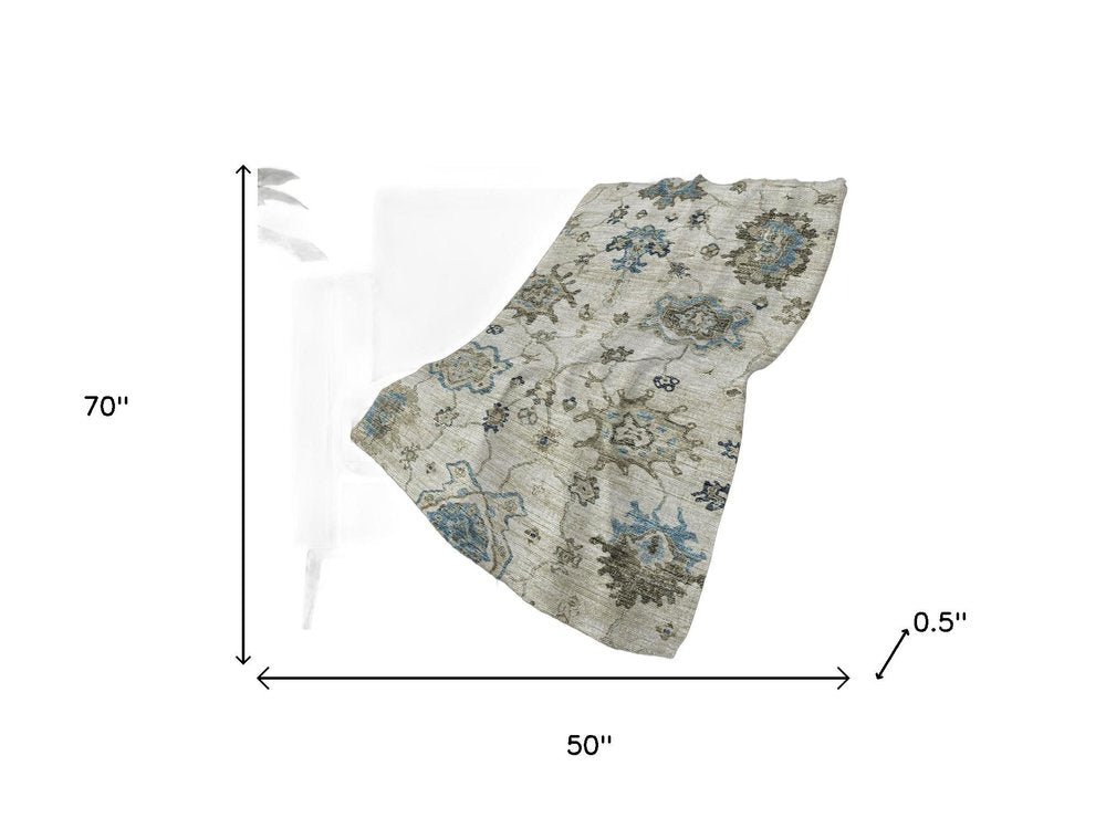 50" X 70" Blue Charcoal And Ivory Floral Polyester Woven Plush Throw Blanket
