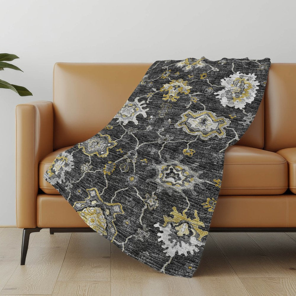 50" X 70" Gray And Gold Floral Polyester Woven Plush Throw Blanket