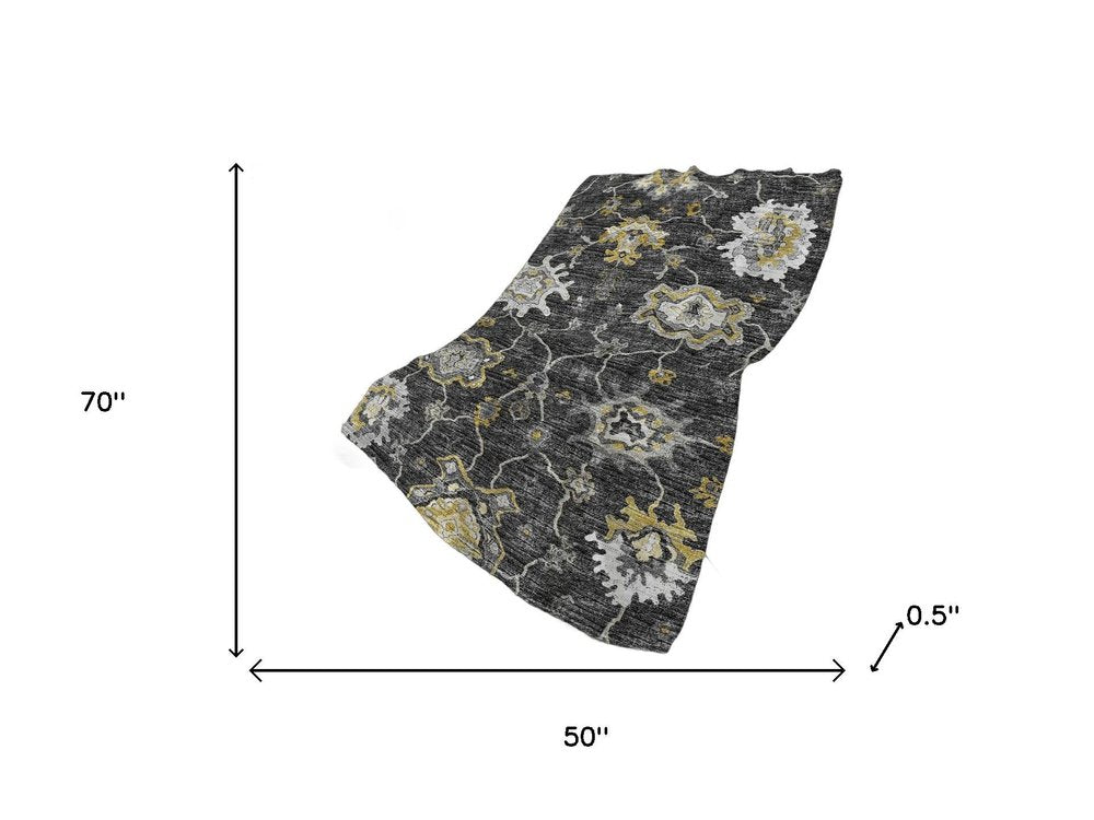 50" X 70" Gray And Gold Floral Polyester Woven Plush Throw Blanket