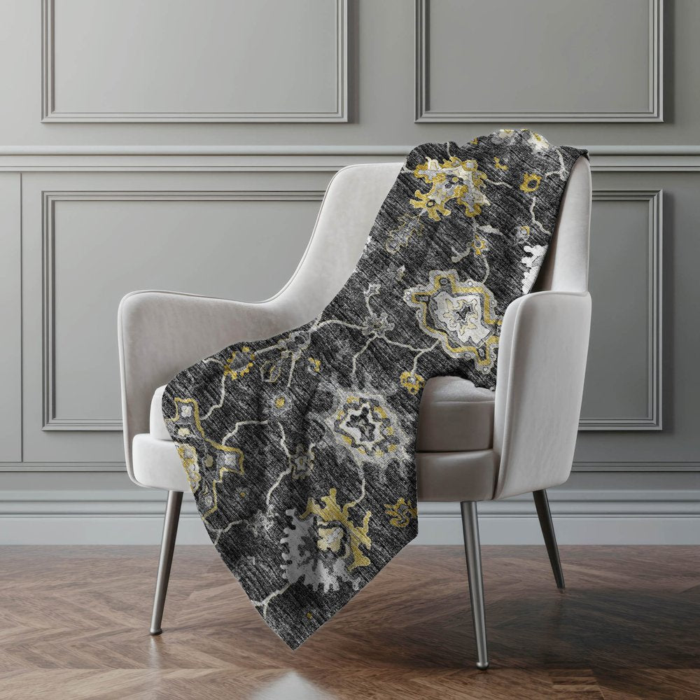 50" X 70" Gray And Gold Floral Polyester Woven Plush Throw Blanket