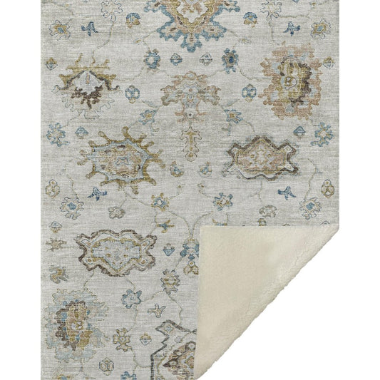 50" X 70" Linen Coffee And Teal Floral Microfiber Plush Throw Blanket