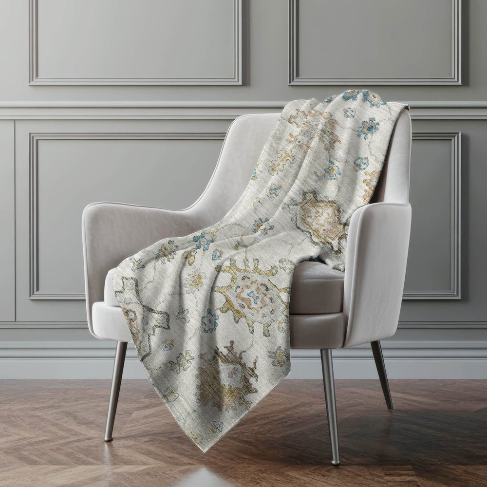 50" X 70" Linen Coffee And Teal Floral Polyester Woven Plush Throw Blanket