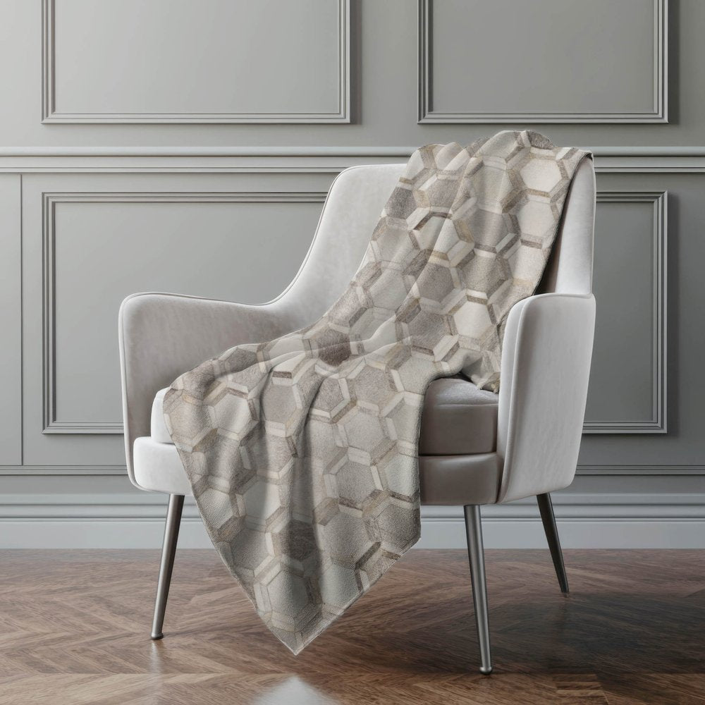 50" X 70" Gray And Ivory Geometric Polyester Woven Plush Throw Blanket