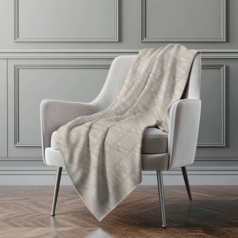 50" X 70" Ivory And Beige Geometric Polyester Woven Plush Throw Blanket