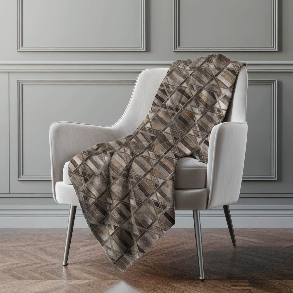 50" X 70" Gray Black And Beige Geometric Polyester Woven Plush Throw Blanket