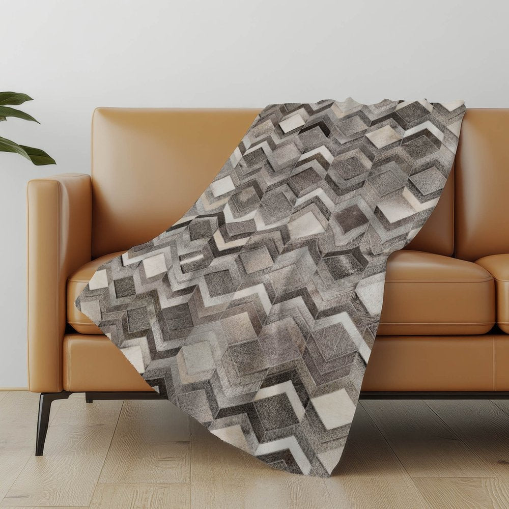 50" X 70" Gray And Ivory Geometric Polyester Woven Plush Throw Blanket