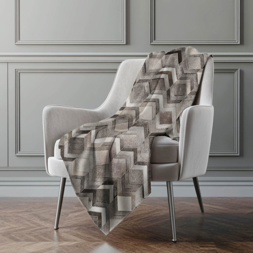 50" X 70" Gray And Ivory Geometric Polyester Woven Plush Throw Blanket