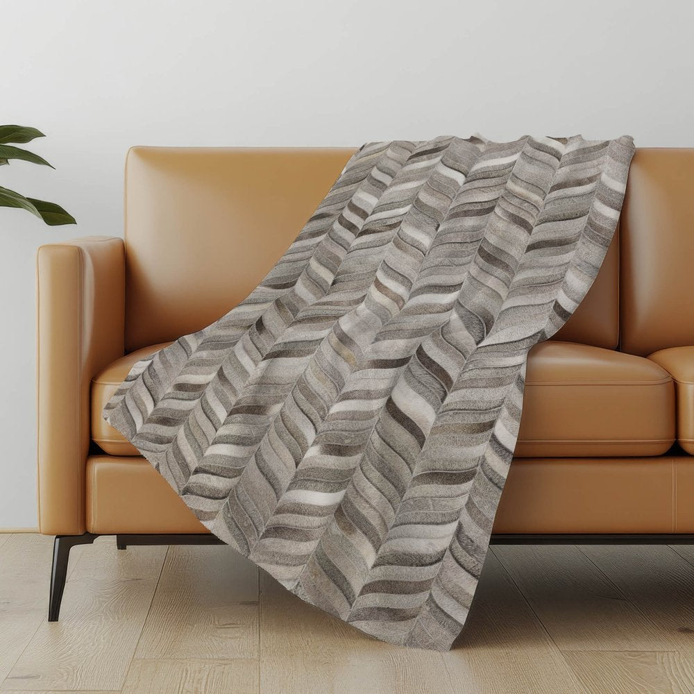 50" X 70" Gray Ivory And Beige Abstract Polyester Woven Plush Throw Blanket