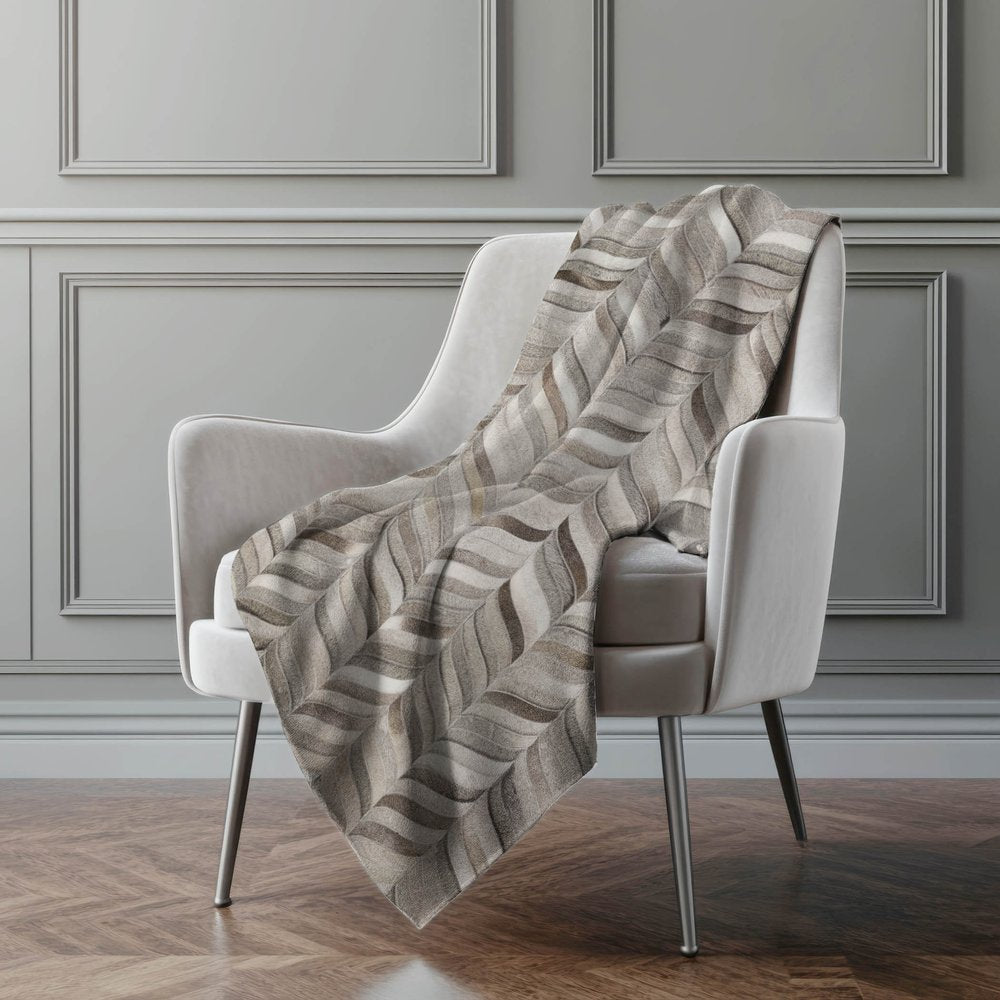 50" X 70" Gray Ivory And Beige Abstract Polyester Woven Plush Throw Blanket