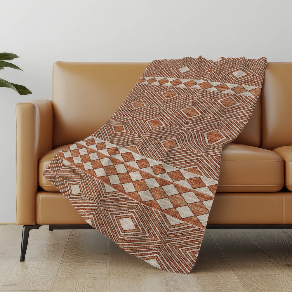 50" X 70" Rust And Ivory Geometric Polyester Woven Plush Throw Blanket