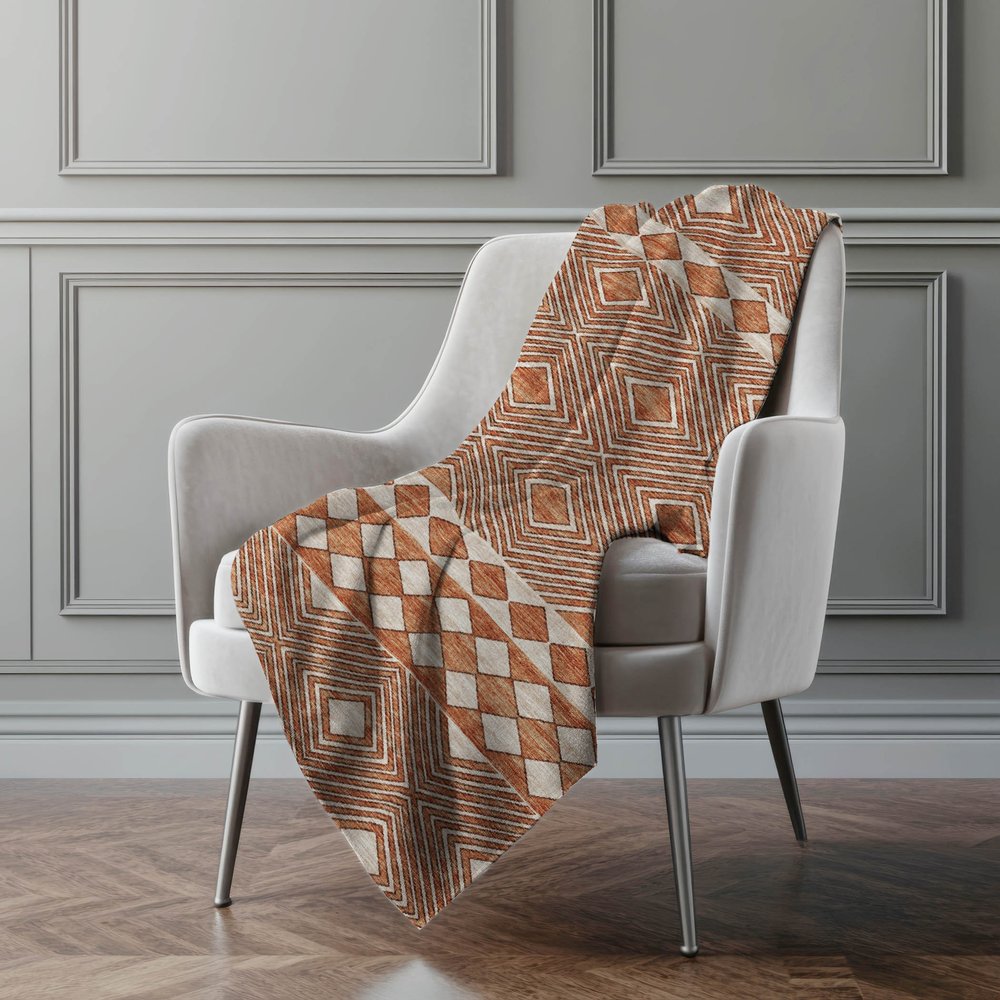 50" X 70" Rust And Ivory Geometric Polyester Woven Plush Throw Blanket