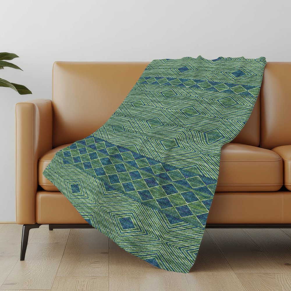 50" X 70" Green And Blue Geometric Polyester Woven Plush Throw Blanket