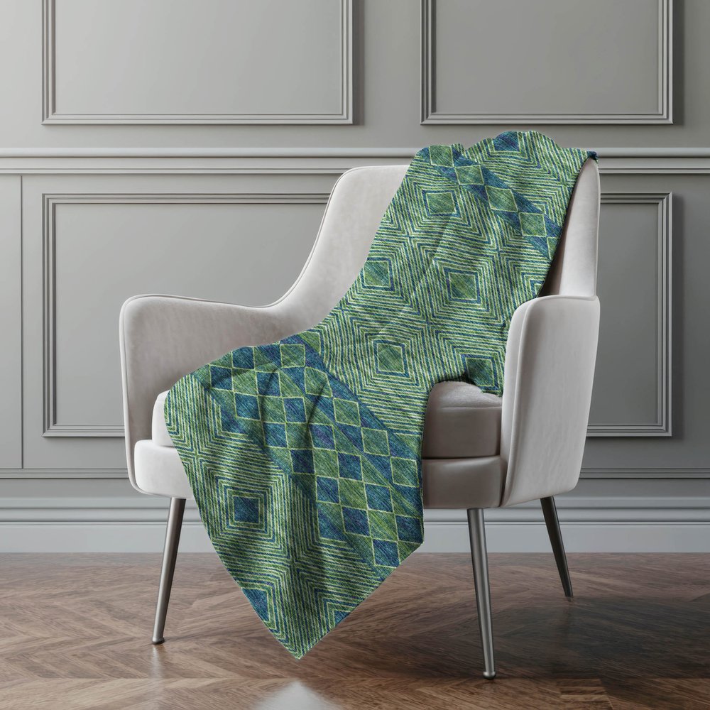 50" X 70" Green And Blue Geometric Polyester Woven Plush Throw Blanket