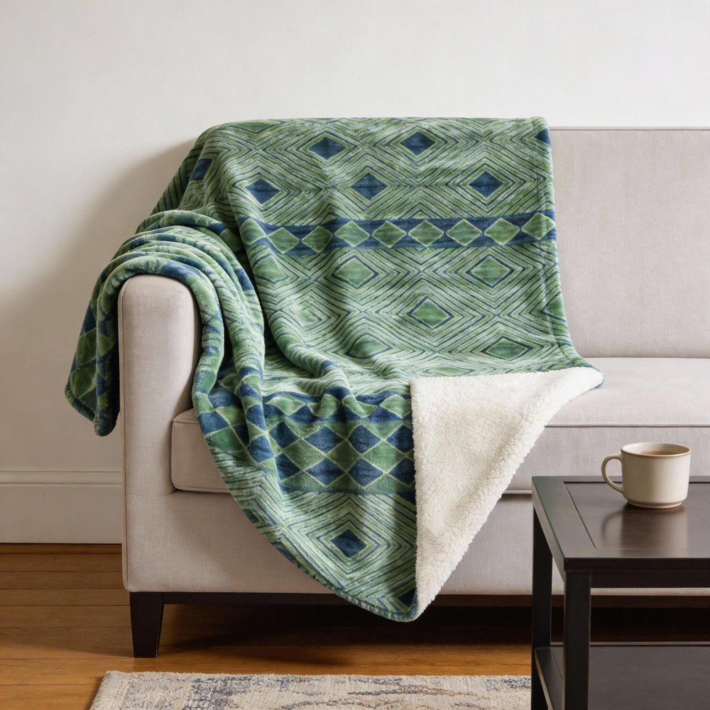 50" X 70" Green And Blue Geometric Microfiber Plush Throw Blanket