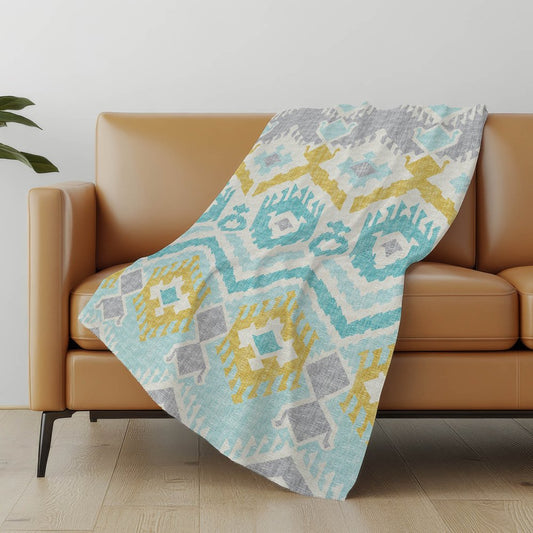 50" X 70" Aqua Gold And Ivory Ikat Polyester Woven Plush Throw Blanket