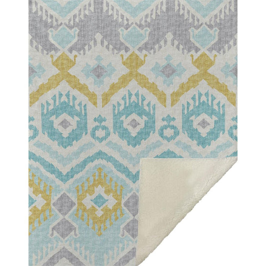 50" X 70" Aqua Gold And Ivory Microfiber Ikat Plush Throw Blanket