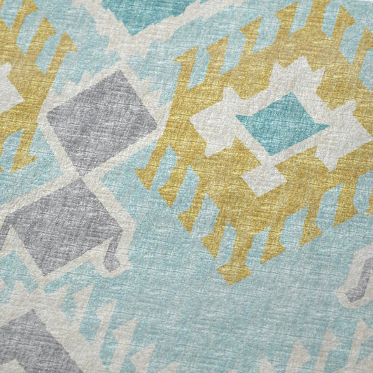 50" X 70" Aqua Gold And Ivory Microfiber Ikat Plush Throw Blanket