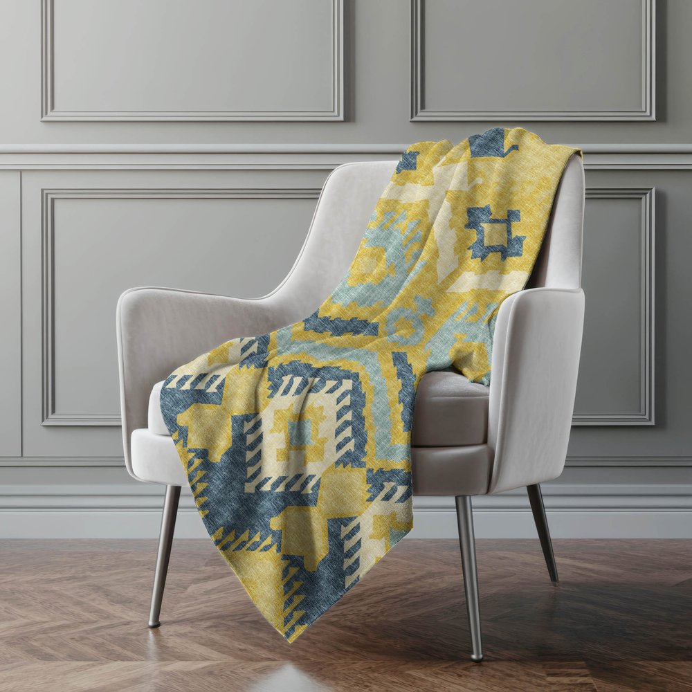 50" X 70" Yellow And Blue Ikat Polyester Woven Plush Throw Blanket
