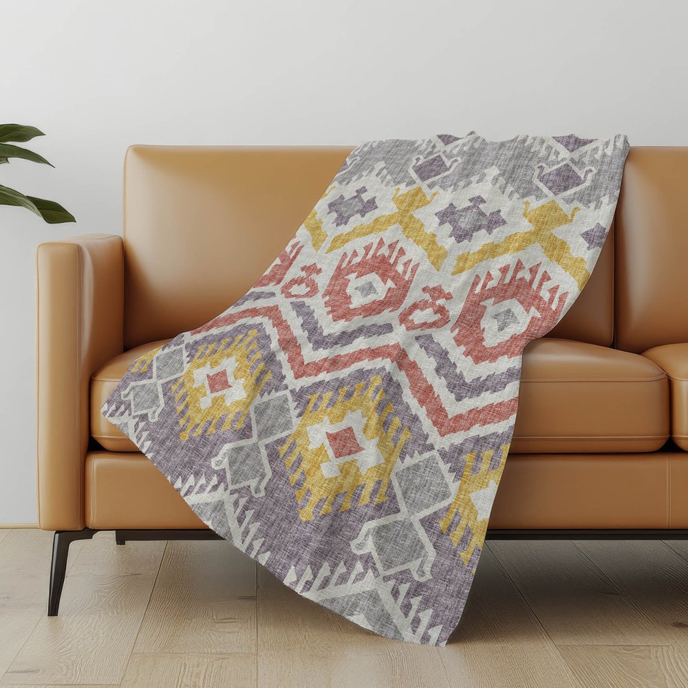 50" X 70" Purple Coral And Gold Ikat Polyester Woven Plush Throw Blanket