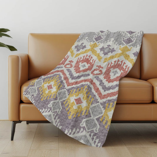 50" X 70" Purple Coral And Gold Ikat Polyester Woven Plush Throw Blanket