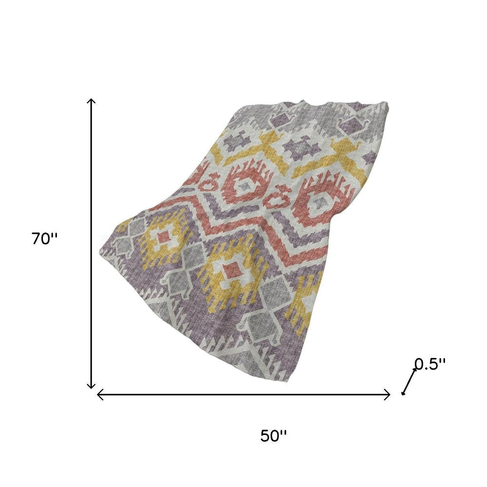 50" X 70" Purple Coral And Gold Ikat Polyester Woven Plush Throw Blanket