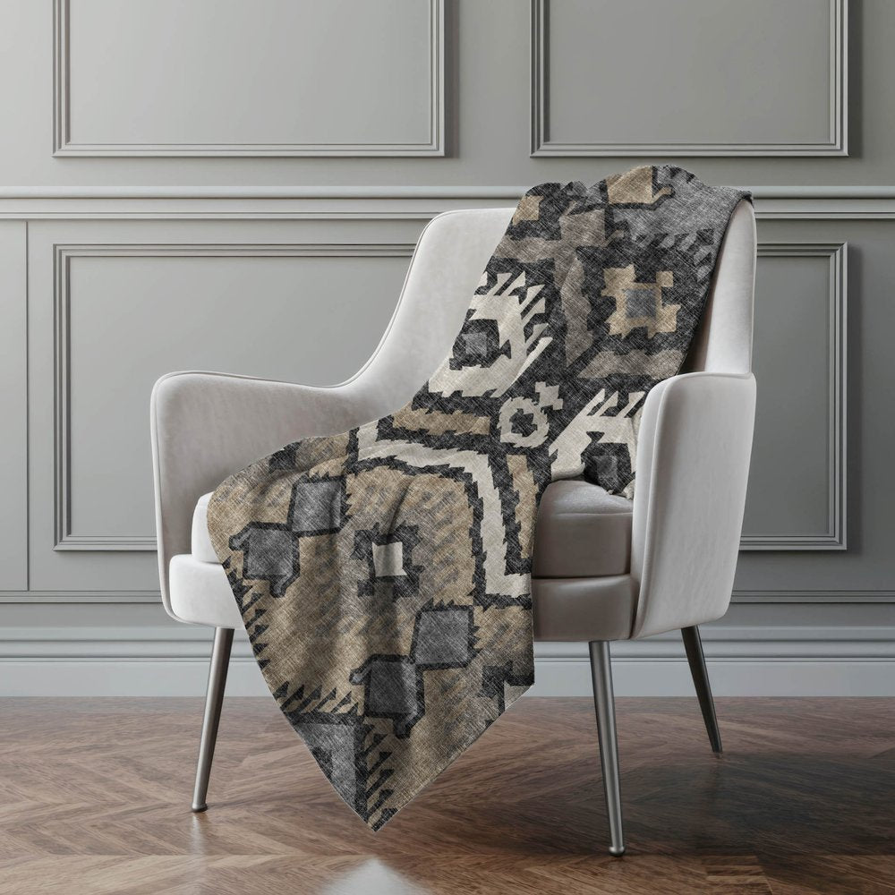 50" X 70" Sand Ivory And Gray Ikat Polyester Woven Plush Throw Blanket