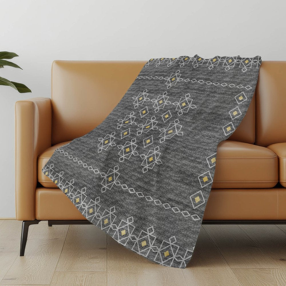 50" X 70" Gray And Gold Geometric Polyester Woven Plush Throw Blanket