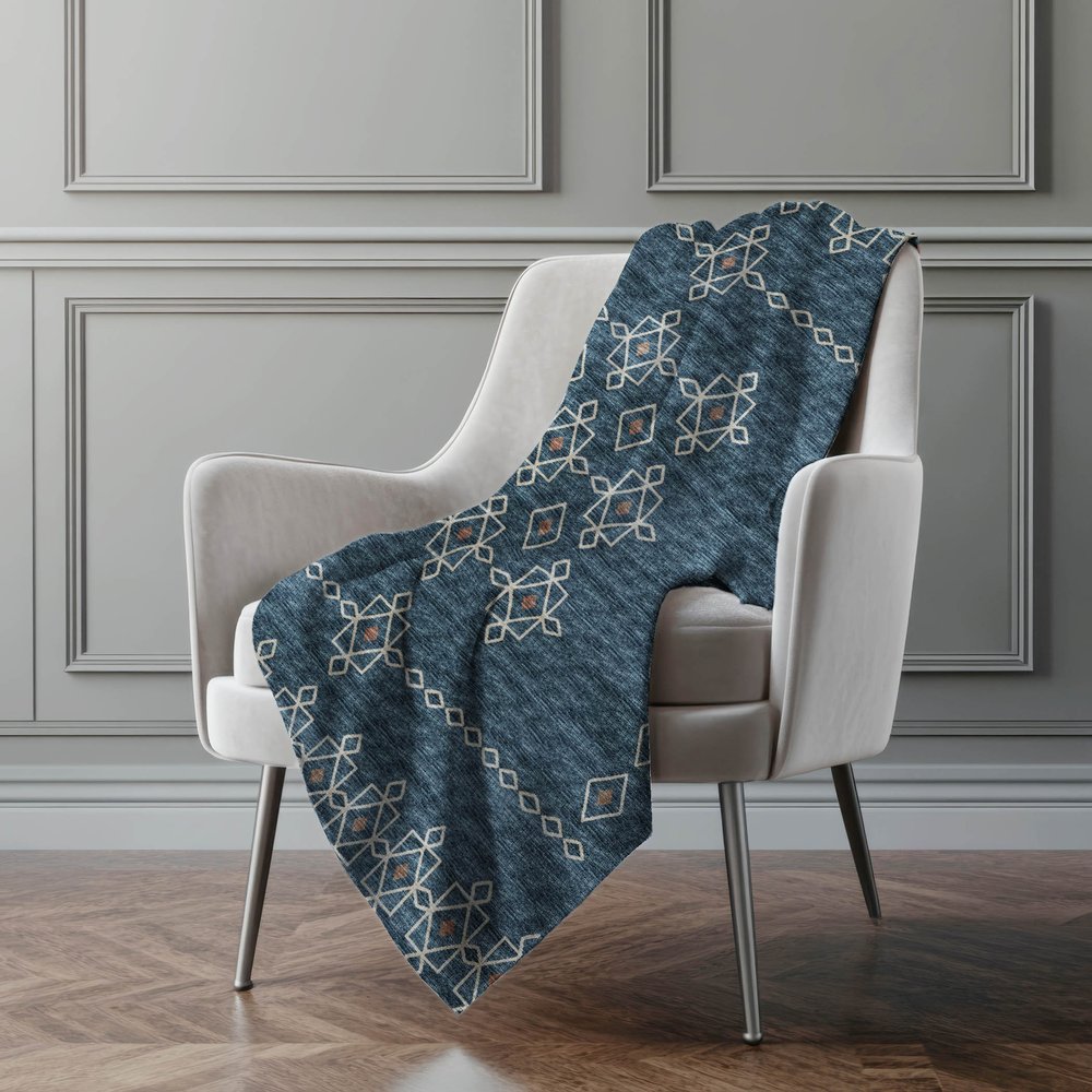 50" X 70" Blue And Rust Geometric Polyester Woven Plush Throw Blanket