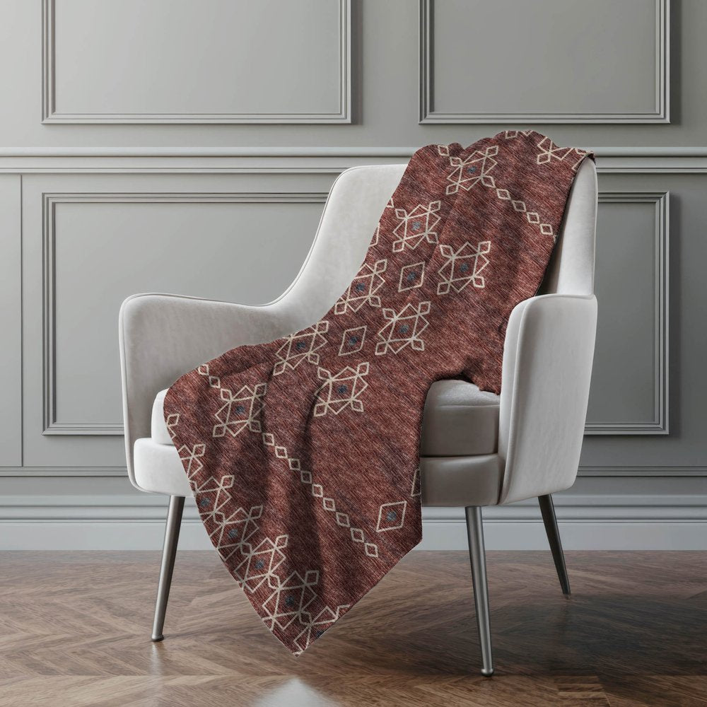 50" X 70" Rust And Ivory Geometric Polyester Woven Plush Throw Blanket