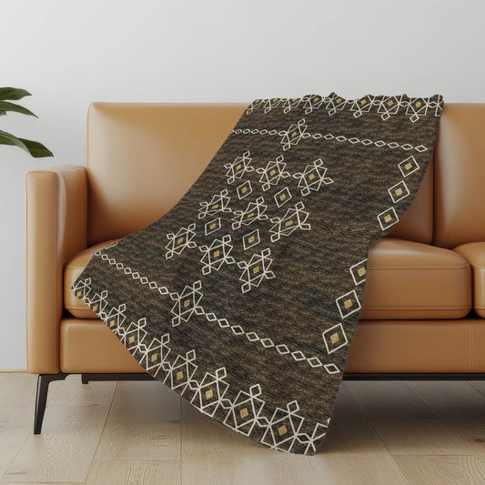 50" X 70" Brown Ivory And Gold Geometric Polyester Woven Plush Throw Blanket