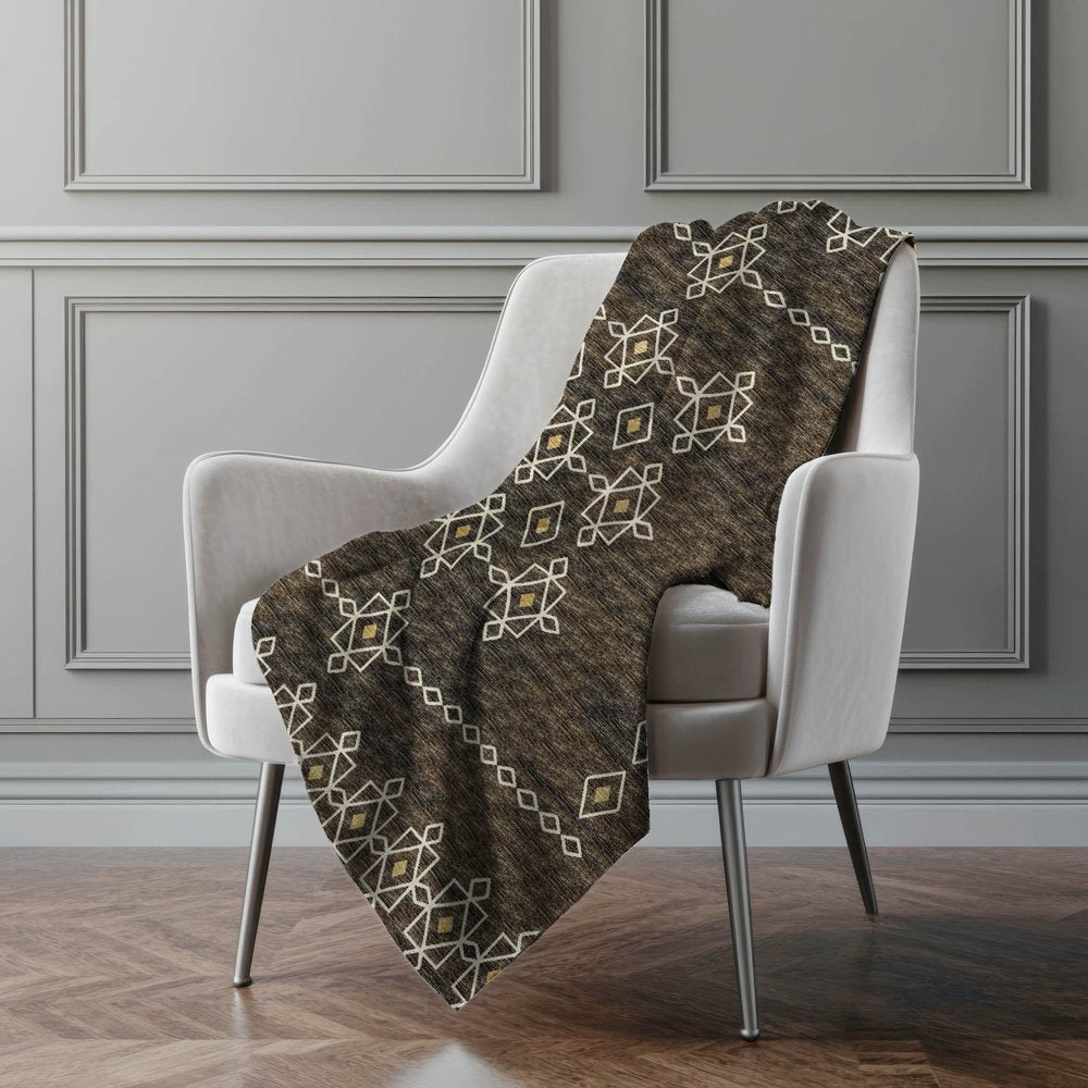 50" X 70" Brown Ivory And Gold Geometric Polyester Woven Plush Throw Blanket