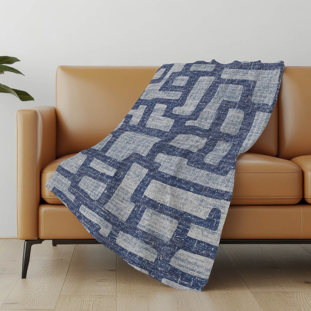 50" X 70" Blue And Silver Abstract Polyester Woven Plush Throw Blanket