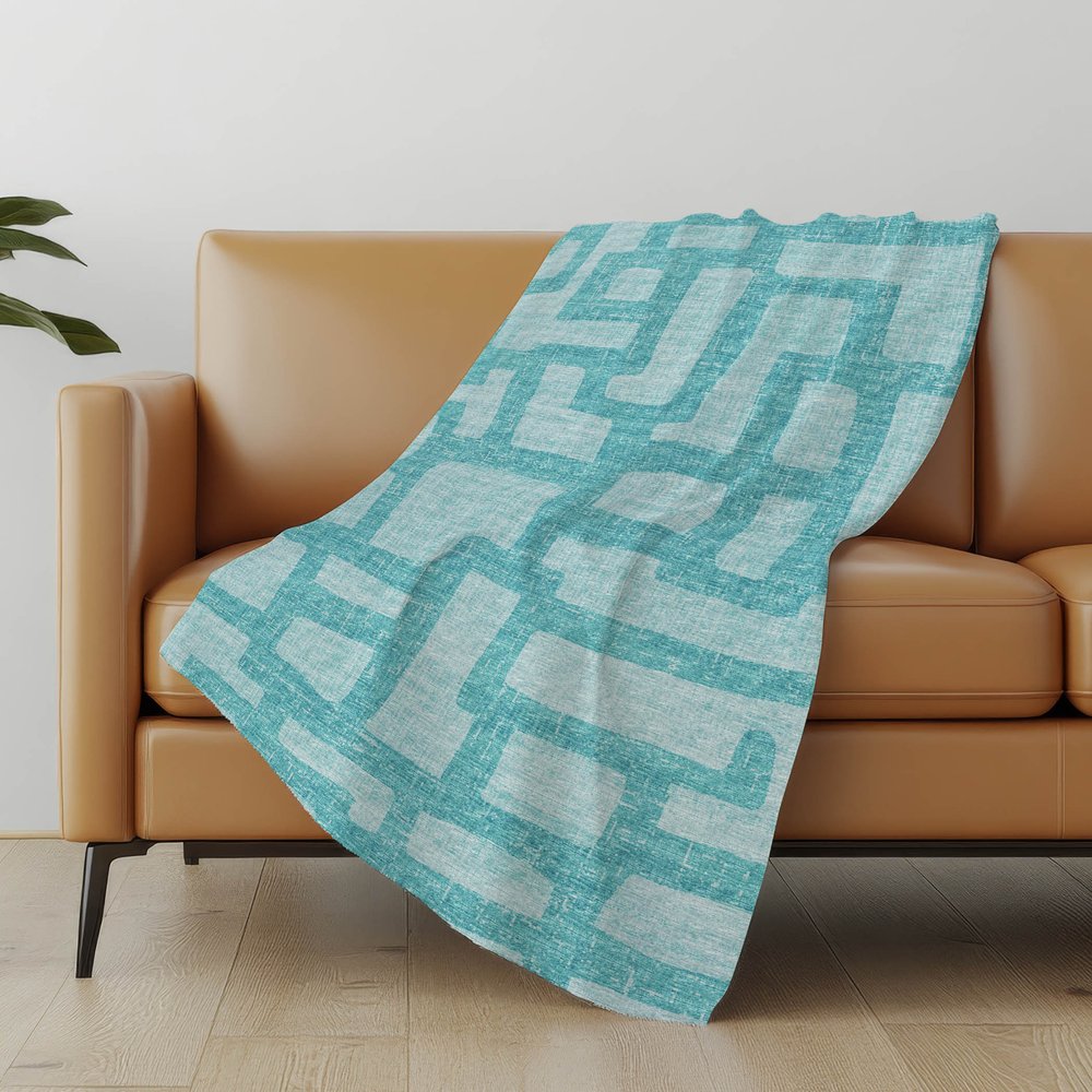50" X 70" Turquoise And Aqua Abstract Polyester Woven Plush Throw Blanket