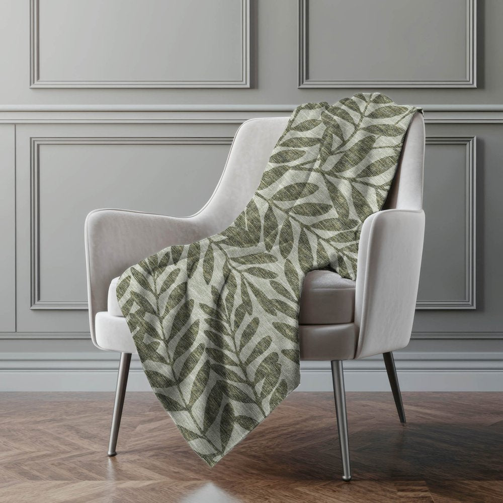 50" X 70" Artichoke Green And Gray Floral Polyester Woven Plush Throw Blanket