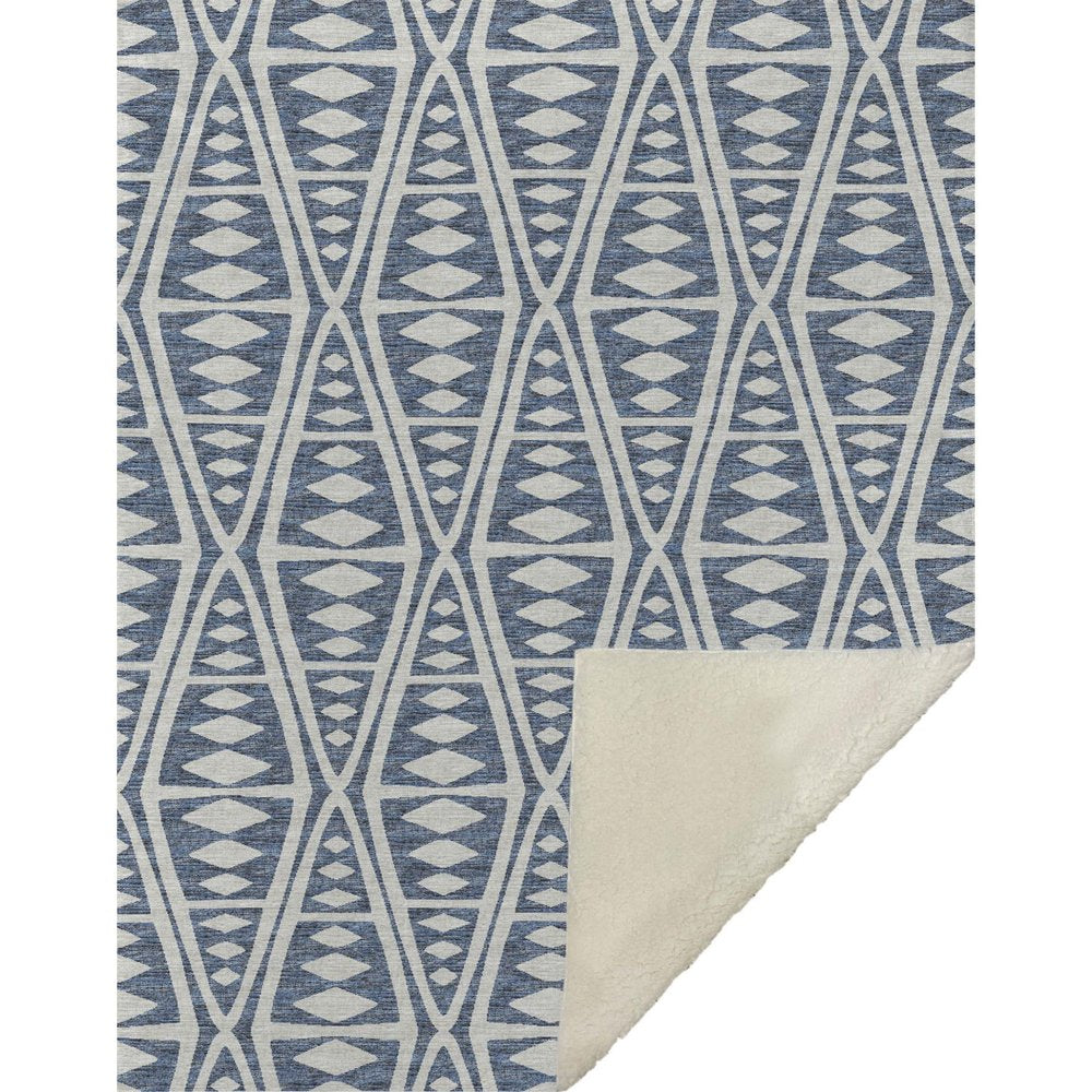 50" X 70" Blue And Ivory Microfiber Geometric Plush Throw Blanket
