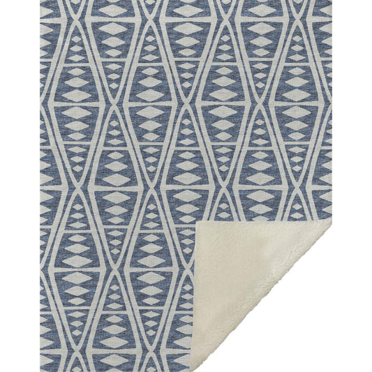 50" X 70" Blue And Ivory Microfiber Geometric Plush Throw Blanket
