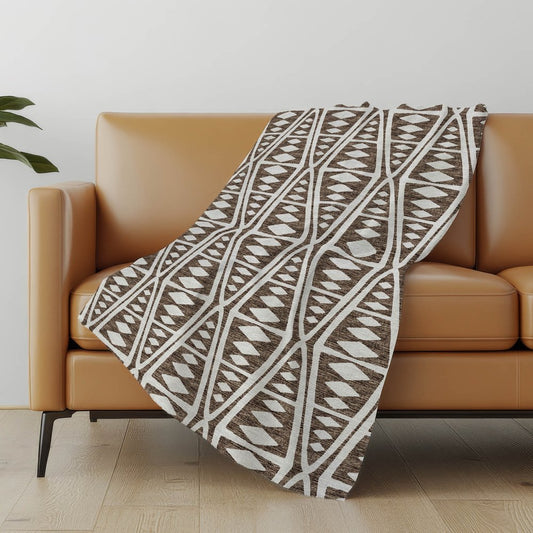 50" X 70" Brown And Ivory Geometric Polyester Woven Plush Throw Blanket